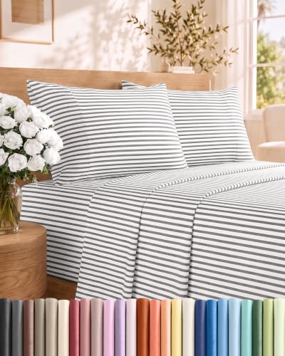 Full Size 4 Piece Sheet Set - Breathable & Cooling Sheets - Grey Stripes
