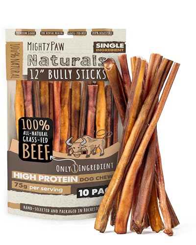 Mighty Paw Naturals Bully Sticks, Grass-Fed Beef Chews, 12", 10 Pack