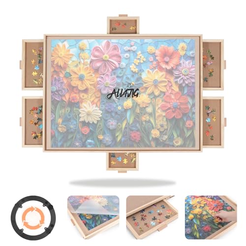 ALL4JIG 1500 Pieces Rotating Puzzle Board with 6 Drawers & Cover,24.92"x33.58"Portable Wooden Jigsaw Puzzle Table for Adults,