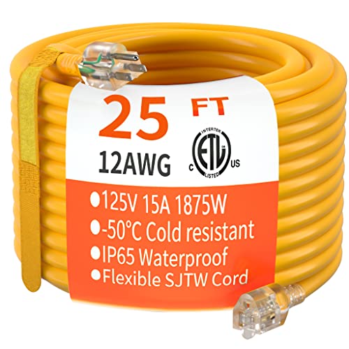 HUANCHAIN 25 FT 12/3 Gauge Extension Cord Yellow, Outdoor Electric Cable