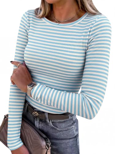ANRABESS Women Long Sleeve Shirts Ribbed Fitted Tops,Blue Striped,S