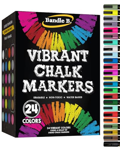 Bandle B. Chalk Markers - 24 Vibrant, Erasable, Non-Toxic, Water-Based, Reversible Tips. For Glass or Chalkboard Markers for 