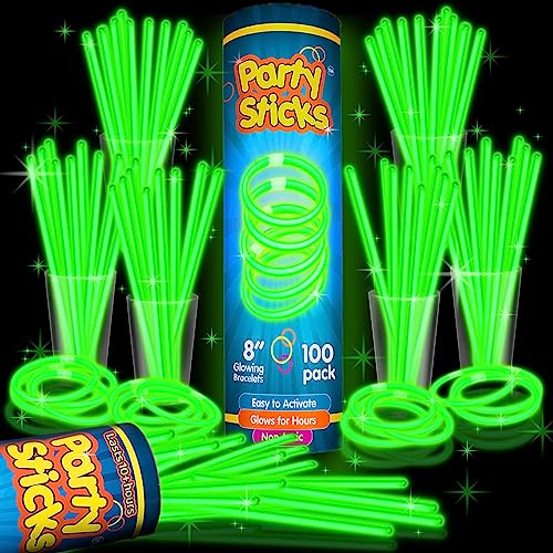 PartySticks Green Glow Sticks - 100pk, 8 Inch Glow in the Dark Light Up Sticks and Connectors for Party Favors, Decorations, 