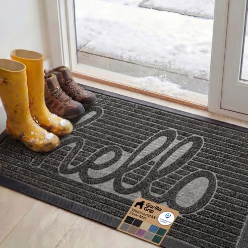 GORILLA GRIP WeatherMAX Door Mat, Indoor Outdoor, 47x35, Dark Gray Hello