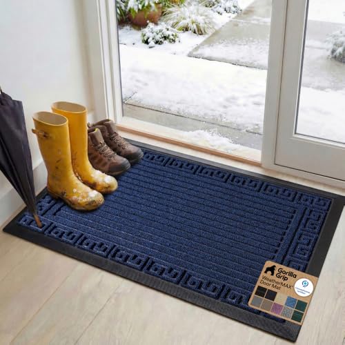 GORILLA GRIP WeatherMAX Door Mat, Indoor Outdoor, 47x35, Navy Greek Keys
