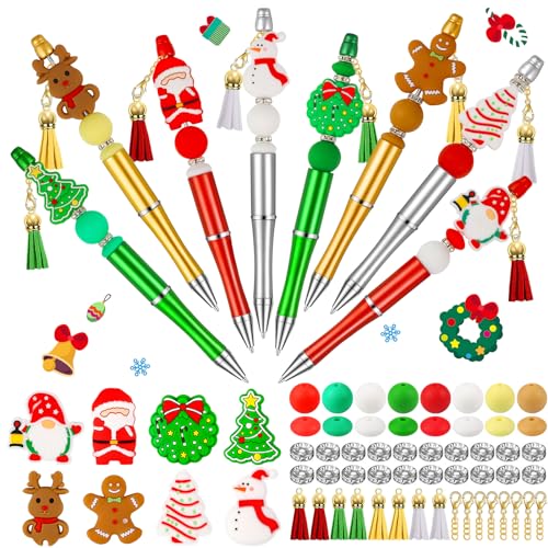 CZWZ 8 Pcs Christmas Beadable Pens, Plastic Beadable Pens with Multicolor Silicone Beads, Christmas Snowman Pine Tree Floral 
