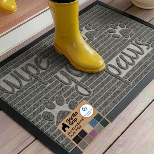 GORILLA GRIP WeatherMAX Door Mat, Indoor Outdoor Use, 35x23, Gray Paw