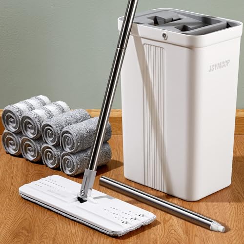 JOYMOOP Flat Mop System, Microfiber Mop and Bucket Set, White, Household & Commercial Floor Cleaning Mop with Long Handle, We