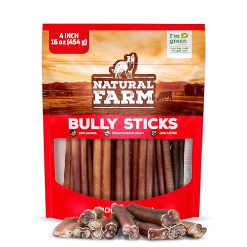 Natural Farm Odor-Free Bully Sticks (4”, 16oz) All-Natural Long-Lasting Chews, 100% Beef Pizzle, Grass-Fed, Grain-Free, Hormo