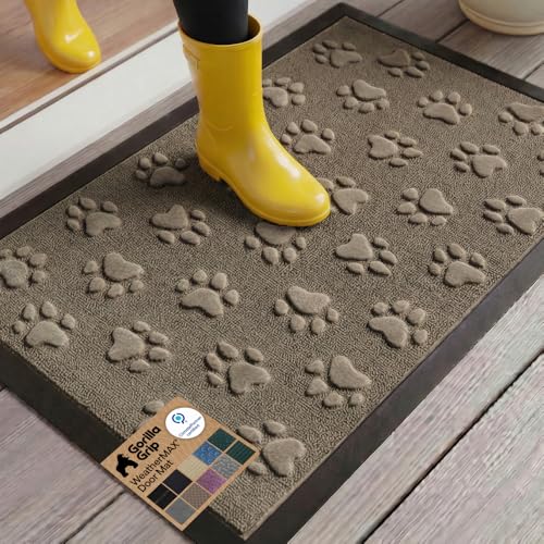 GORILLA GRIP WeatherMAX Door Mat, Indoor Outdoor Use, 29x17, Beige Paw