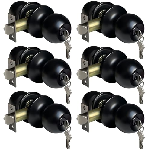 BESTTEN 6 Pack Door Knob with Lock and Key, Keyed Different, Matte Black
