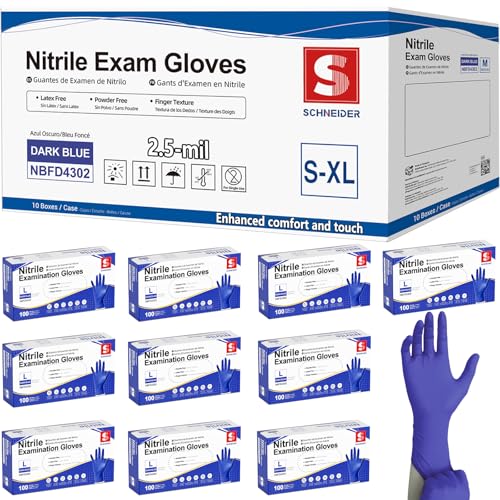 Schneider Medical Nitrile Exam Gloves, Powder & Latex Free, Darkblue 1000Ct