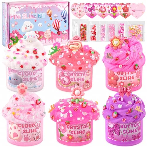 6-Pack Pink Slime Kit for Girls, Cloud Butter Squishy Birthday Gift Set