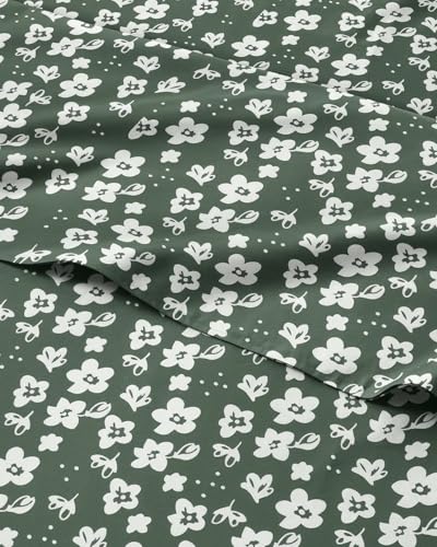 Queen 4 Piece Floral Sheet Set - Soft, Breathable & Cooling - Green Meadow
