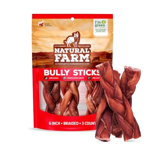 Natural Farm Long-Lasting Braided Bully Sticks, 6 Inch, 3 Count
