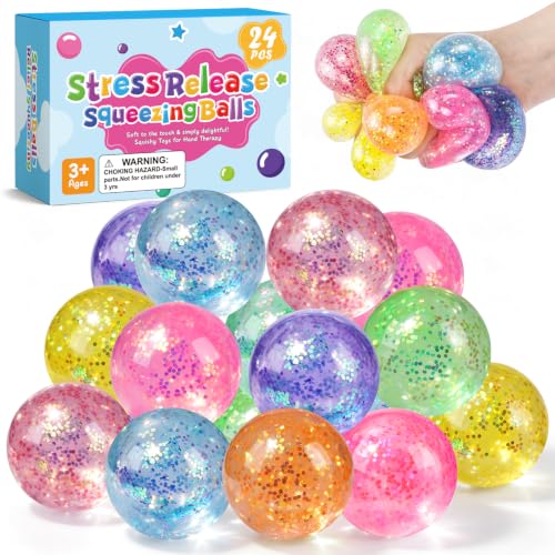 24 Pack Glitter Squishy Stress Balls, Taba Squishy Toys for Kids Adults