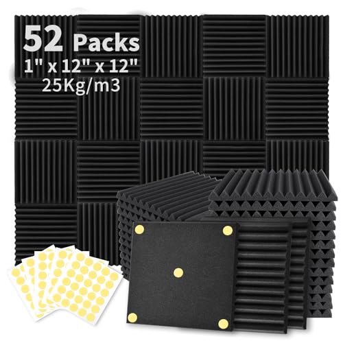 Focusound 52 Pack Acoustic Foam Panels 1" x 12" x 12" Sound Proof Foam Panles Soundproofing Noise Cancelling Wedge Panels for