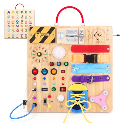 Iabedi Busy Board,Montessori Toys for 1-3 Years Old, Wooden Toddler Toys, Autism Sensory Travel Toy, Ideal Gift for 1+ Year O