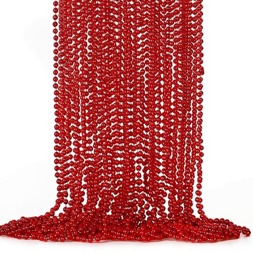 EOBOH 144PCS Bead Necklace, Red Christmas Bead Stuff Party Favors, 33" Necklaces Festival Parade Throw Accessories for Weddin