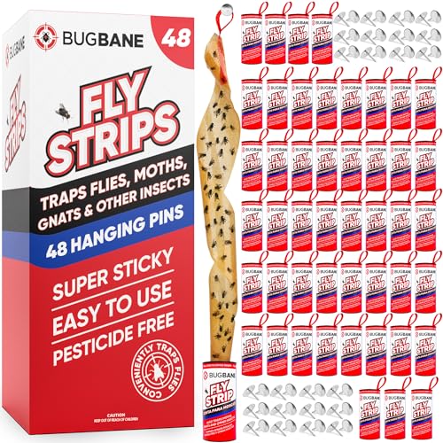 Fly Strips Indoor Sticky Hanging 48pk with Pins. Non Toxic Outdoor Fly Trap Indoor for Home. Flies Tape Paper Trap Ribbon Rol