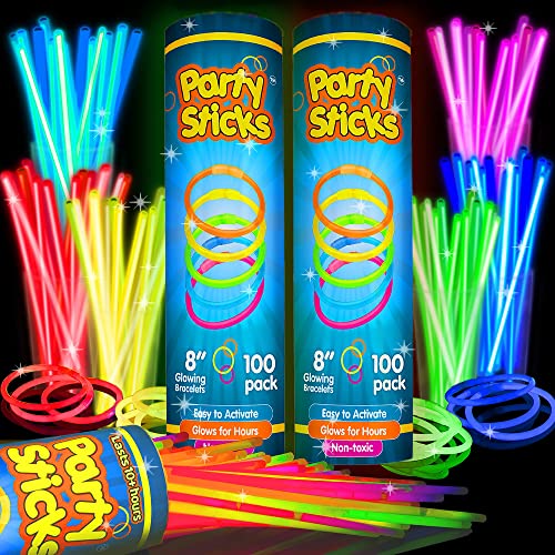Glow Sticks Bulk Neon Party Supplies - 200 8” Neon Party Glow Sticks w/ Connectors for Glow Necklaces and Glow Bracelets Glow