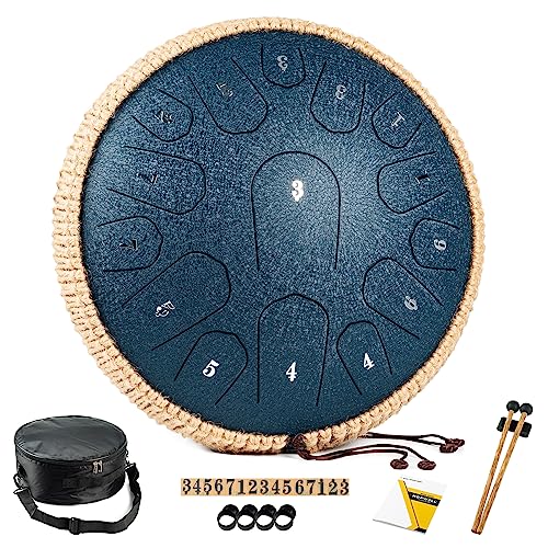 HOPWELL Steel Tongue Drum - 13 Inches 15 Notes Tongue Drum - Hand Pan Drum with Music Book, Handpan Drums Mallets and Carry B