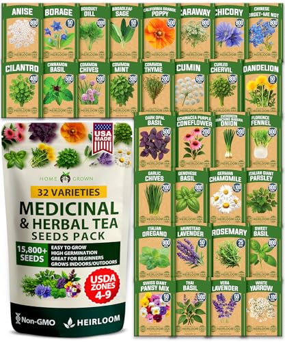 HOME GROWN 32 Medicinal Herb & Tea Variety Seeds Garden Kit