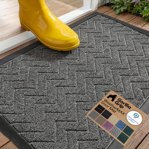 GORILLA GRIP WeatherMAX Door Mat, Indoor Outdoor Use, 29x17, Silver Chevron