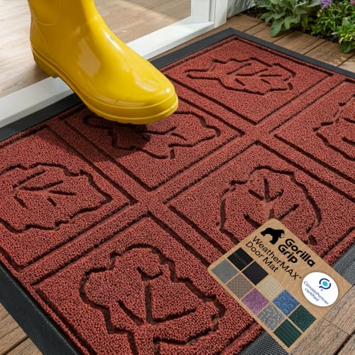 GORILLA GRIP WeatherMAX Door Mat, Indoor Outdoor, 29x17, Burgundy Leaves