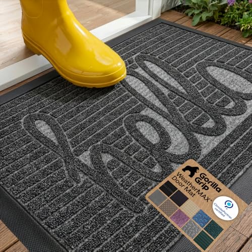GORILLA GRIP WeatherMAX Door Mat, Indoor Outdoor, 29x17, Dark Gray Hello