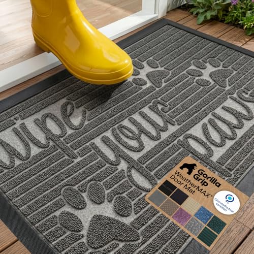 GORILLA GRIP WeatherMAX Door Mat, Indoor Outdoor Use, 29x17, Gray Paw
