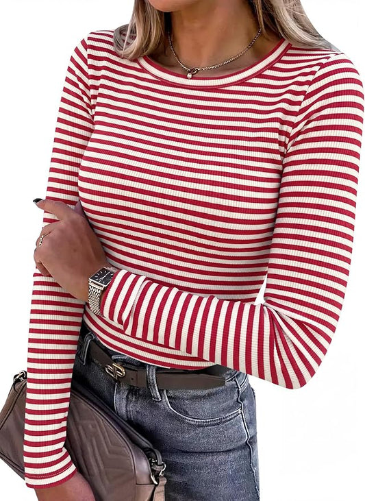 ANRABESS Women’s Ribbed Long Sleeve Top, Red White, Large