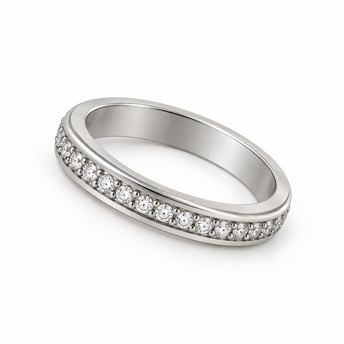 Silver-Tone Spinner Fidget Ring with Clear Cubic Zirconia