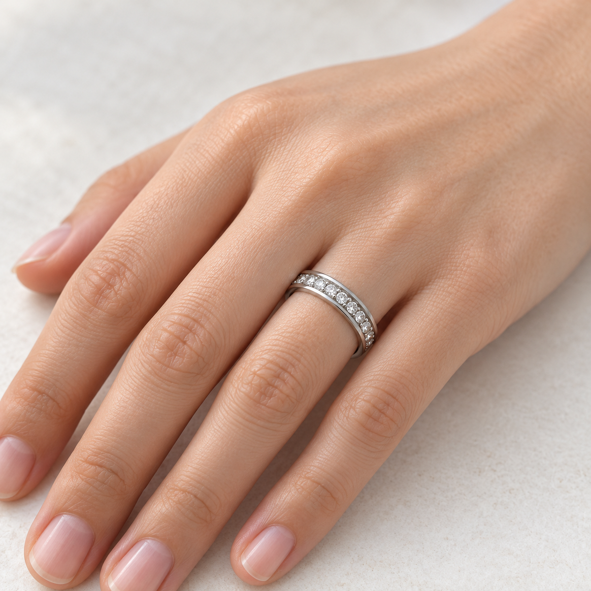 Silver-Tone Spinner Fidget Ring with Clear Cubic Zirconia