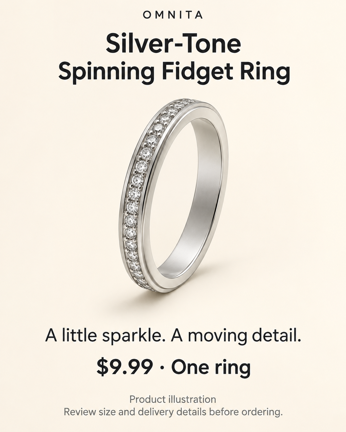Silver-Tone Spinner Fidget Ring with Clear Cubic Zirconia