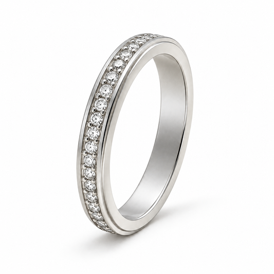 Silver-Tone Spinner Fidget Ring with Clear Cubic Zirconia